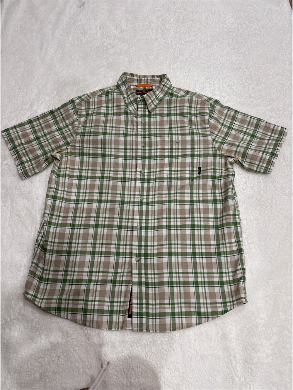 Walls Men's XL Plaid Button-Down Work Shirt Green Beige Short Sleeveless